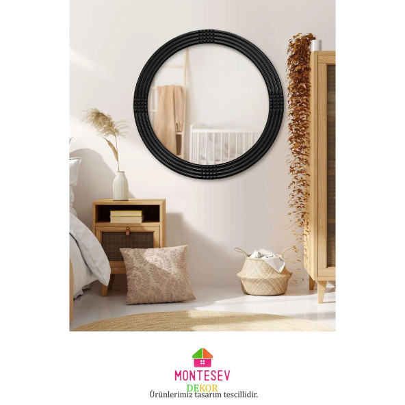 Safir Siyah Dekoratif Ayna Yuvarlak Ayna Işlemeli Ahşap Duvar Aynası Tekli - 69 Cm - 4