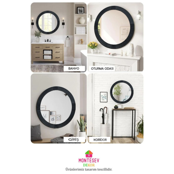 Safir Siyah Dekoratif Ayna Yuvarlak Ayna Işlemeli Ahşap Duvar Aynası Tekli - 69 Cm - 5