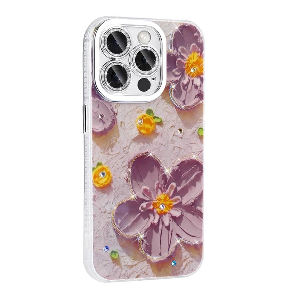 iPhone 15 Pro Kılıf Çiçek Desenli Parlak Taşlı Sert Silikon Garden Kılıf - Resim 7