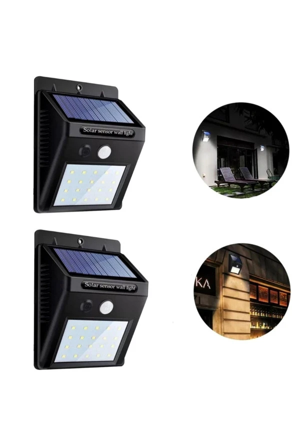 2 Adet Solar Güneş Enerjili Hareket Sensörlü Duvar Bahçe Karavan Kamp Lambası Led Su Geçirmez 20 Led