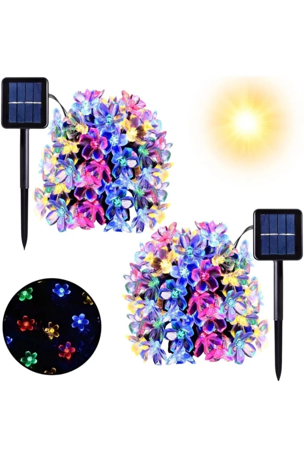 2 Adet Solar Güneş Enerjili 30 Led Kiraz Çiçeği Ip65 Su Geçirmez Solar Işık Zinciri 12 Mt Rgb Solar