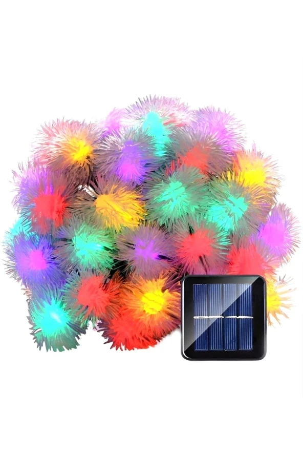 Solar Güneş Enerjili RGB 20W Güçlü 7 Mod Işık 20 PONPON Led Işık Su Geçirmez Solar Zincir 5 Metre