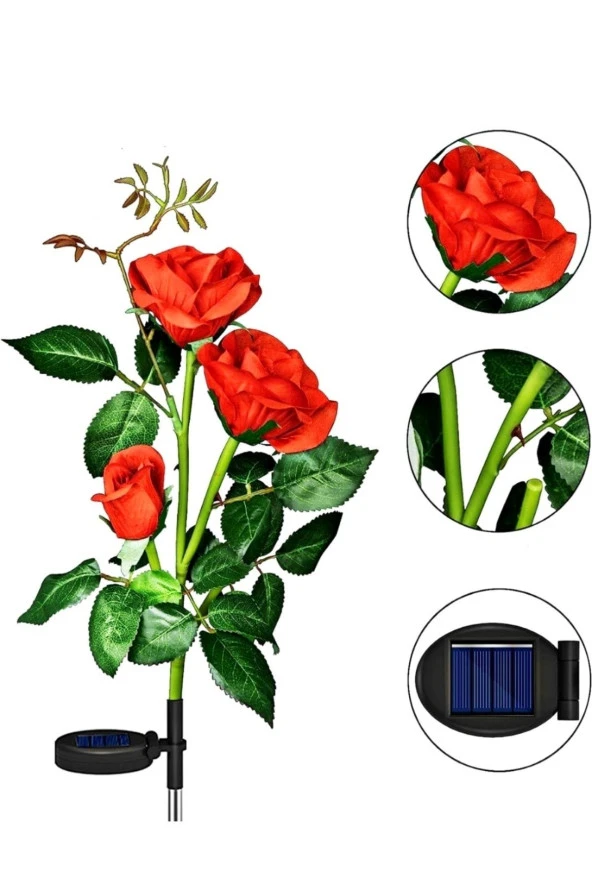 Kırmızı Gül Solar Güneş Enerjili Bahçe Lambası 6500K Beyaz Led Solar Aydınlatma 80 CM Red Rose