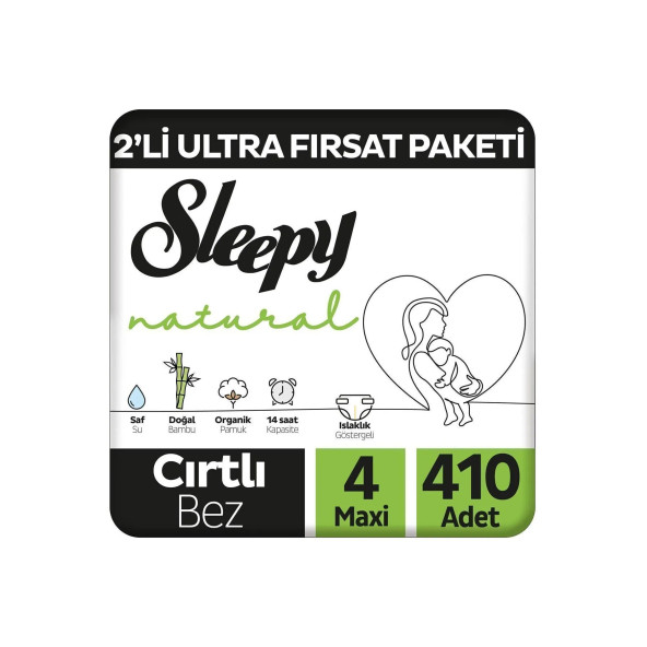 Sleepy Natural 2'li Ultra Fırsat Paketi Bebek Bezi 4 Numara Maxi 410 Adet