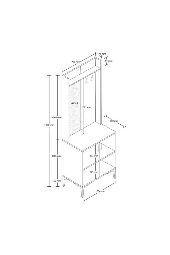 Mezza 5022 ROYAL SOL AYNALI 2 KAPAKLI 2 ASKILI PORTMANTO SEPET - BEYAZ - YUNUS - 6