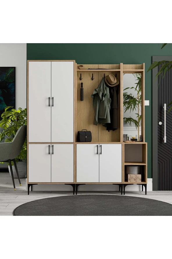 Mezza SET 5032-5002-5042 ROYAL SAĞ AYNALI 6 KAPAKLI 9 ASKILI 2 RAFLI PORTMANTO SEPET-YUNUS-BEYAZ - 2