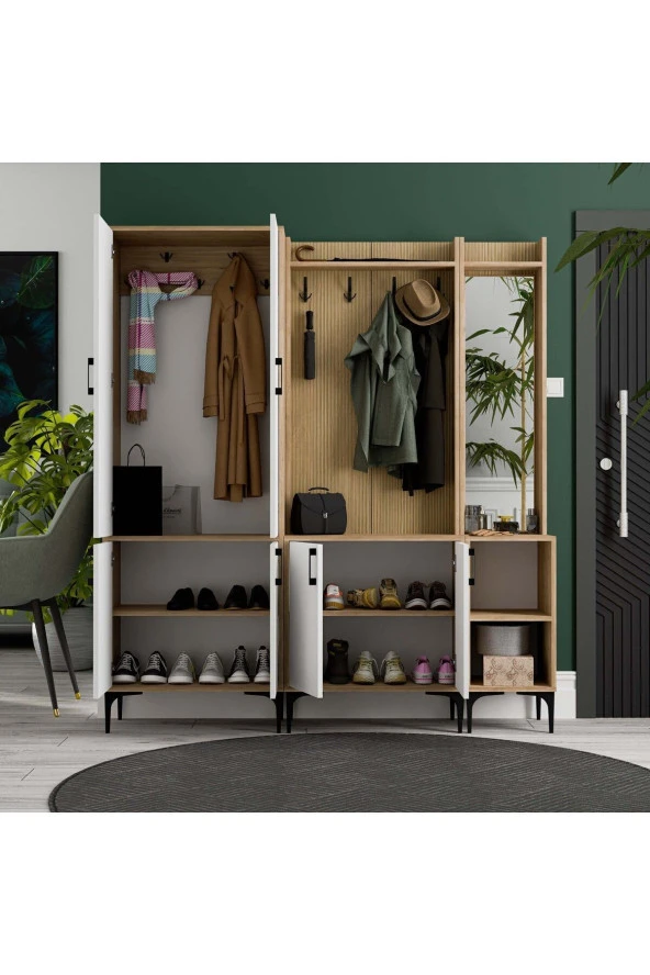 Mezza SET 5032-5002-5042 ROYAL SAĞ AYNALI 6 KAPAKLI 9 ASKILI 2 RAFLI PORTMANTO SEPET-YUNUS-BEYAZ - 4