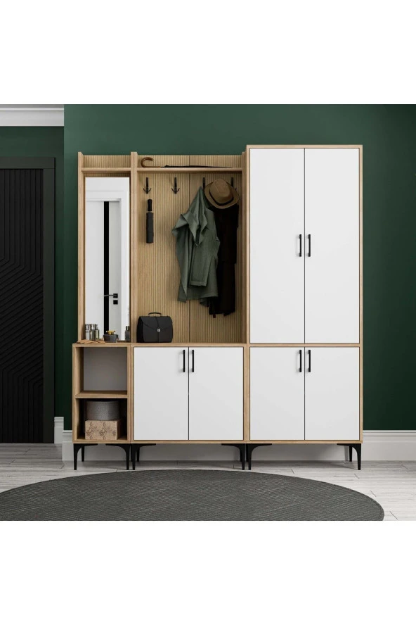 Mezza SET 5042-5002-5032 ROYAL SOL AYNALI 6 KAPAKLI 9 ASKILI 2 RAFLI PORTMANTO SEPET-YUNUS-BEYAZ - 2