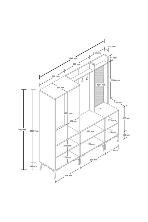 Mezza SET 5032-5002-5042 ROYAL SAĞ AYNALI 6 KAPAKLI 9 ASKILI 2 RAFLI PORTMANTO SEPET-YUNUS-BEYAZ - 6