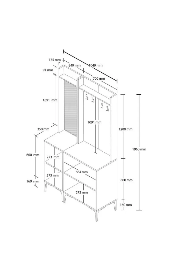 Mezza SET 5040-5000 ROYAL SOL AYNALI 2 KAPAKLI 4 ASKILI 2 RAFLI PORTMANTO BEYAZ - 6