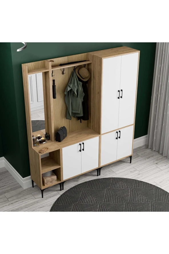 Mezza SET 5042-5002-5032 ROYAL SOL AYNALI 6 KAPAKLI 9 ASKILI 2 RAFLI PORTMANTO SEPET-YUNUS-BEYAZ - 5