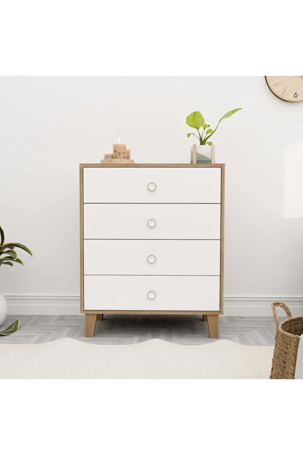 Mezza 3660 LISA 4 ÇEKMECELİ AYAKLI ŞİFONYER SEPET - BEYAZ - Resim 2