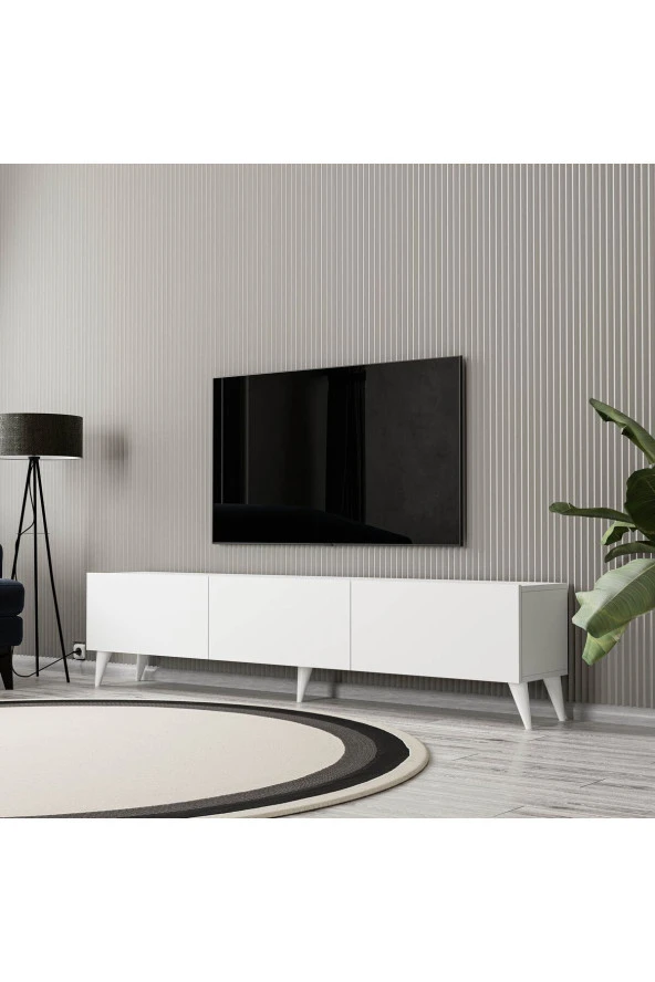 1250 ELİSA 3 KAPAKLI KULPSUZ 180 CM AYAKLI TV ÜNİTESİ BEYAZ ürün görseli