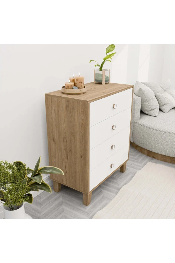 Mezza 3660 LISA 4 ÇEKMECELİ AYAKLI ŞİFONYER SEPET - BEYAZ - Resim 3