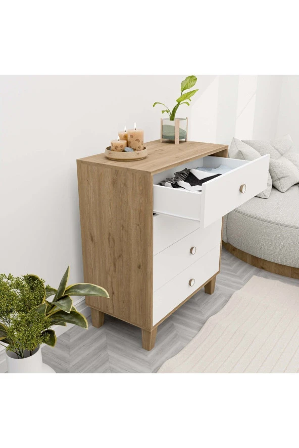 Mezza 3660 LISA 4 ÇEKMECELİ AYAKLI ŞİFONYER SEPET - BEYAZ - Resim 4