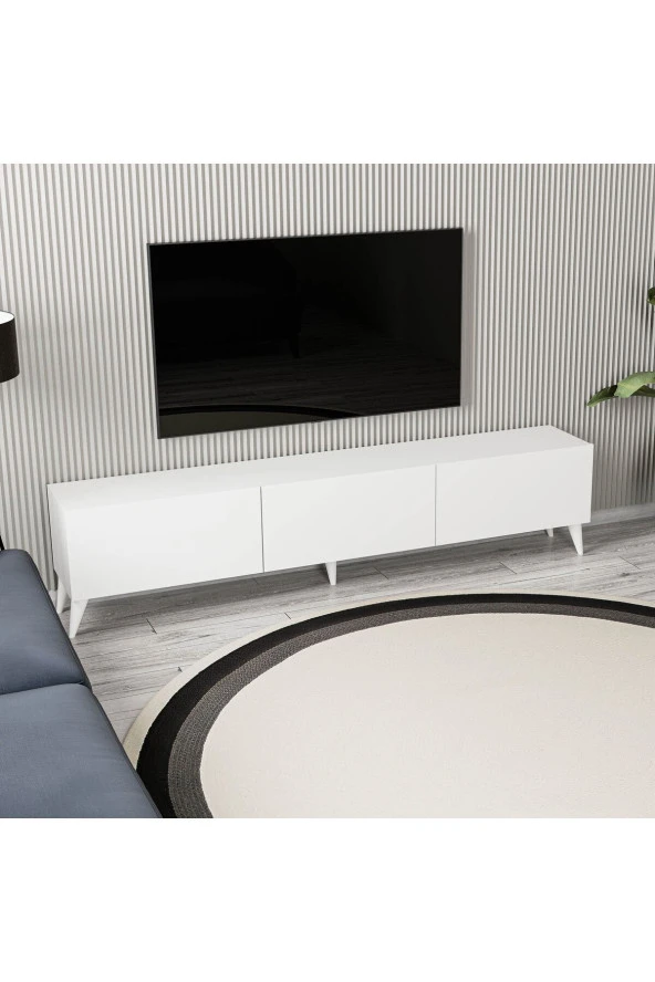 1250 ELİSA 3 KAPAKLI KULPSUZ 180 CM AYAKLI TV ÜNİTESİ BEYAZ - Resim 3