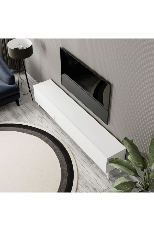 1250 ELİSA 3 KAPAKLI KULPSUZ 180 CM AYAKLI TV ÜNİTESİ BEYAZ - Resim 4
