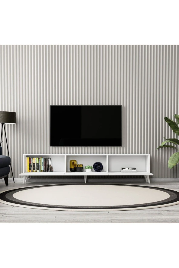 1250 ELİSA 3 KAPAKLI KULPSUZ 180 CM AYAKLI TV ÜNİTESİ BEYAZ - Resim 5