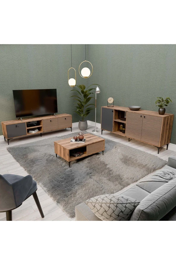 Mezza Set 1362-2090-1682 Vision Tv Ünitesi - Orta Sehpa - Konsol Seti Hat - Kaplan - Antrasit