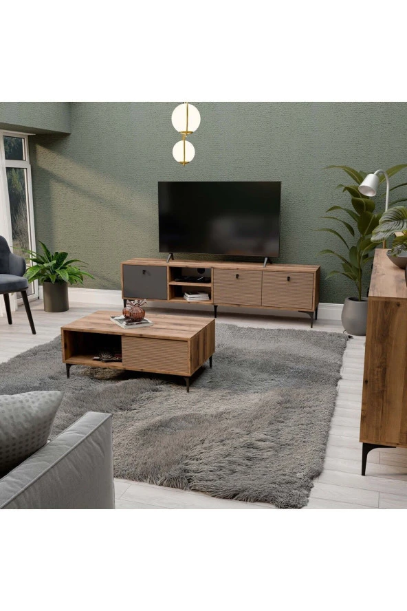 Mezza Set 1362-2090-1682 Vision Tv Ünitesi - Orta Sehpa - Konsol Seti Hat - Kaplan - Antrasit - 2