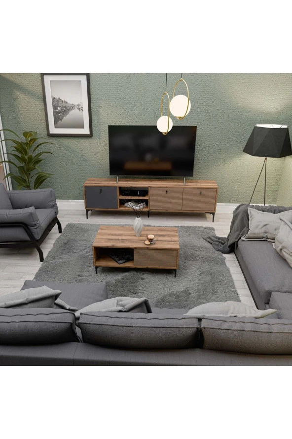 Mezza SET 1362-2090 VİSİON TV ÜNİTESİ - ORTA SEHPA SETİ HAT - KAPLAN - ANTRASİT - 3