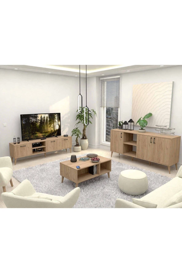 Mezza SET 1587-2076-1626 EXXEN (AHŞAP AYAKLI) TV ÜNİTESİ - ORTA SEHPA - KONSOL SETİ SEPET RENGİ