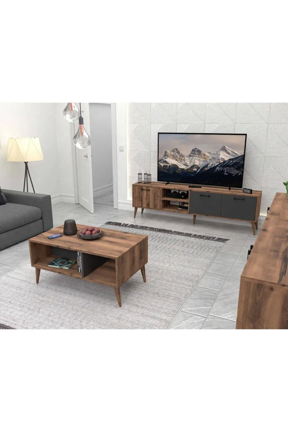 Mezza SET 1581-2070-1620 EXXEN (AHŞAP AYAKLI) TV ÜNİTESİ - ORTA SEHPA - KONSOL SETİ HAT - ANTRASİT - 2