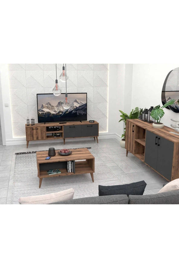 Mezza SET 1581-2070-1620 EXXEN (AHŞAP AYAKLI) TV ÜNİTESİ - ORTA SEHPA - KONSOL SETİ HAT - ANTRASİT - 3