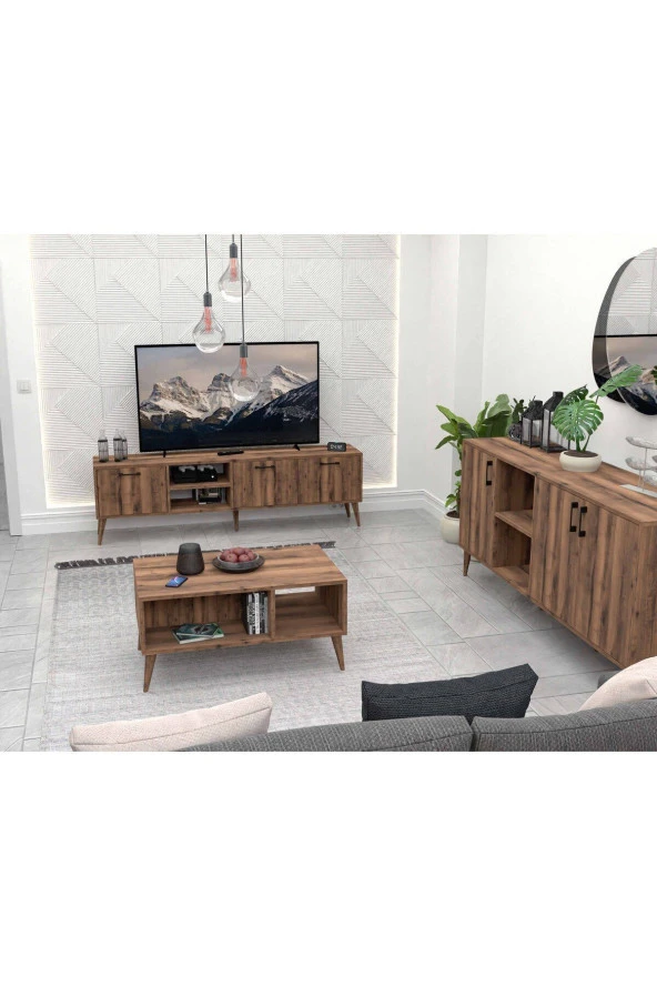 Mezza SET 1583-2072-1622 EXXEN (AHŞAP AYAKLI) TV ÜNİTESİ - ORTA SEHPA - KONSOL SETİ HAT RENGİ - Resim 3