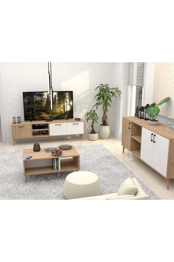 Mezza SET 1585-2074-1624 EXXEN (AHŞAP AYAKLI) TV ÜNİTESİ - ORTA SEHPA - KONSOL SETİ SEPET - BEYAZ - Resim 3