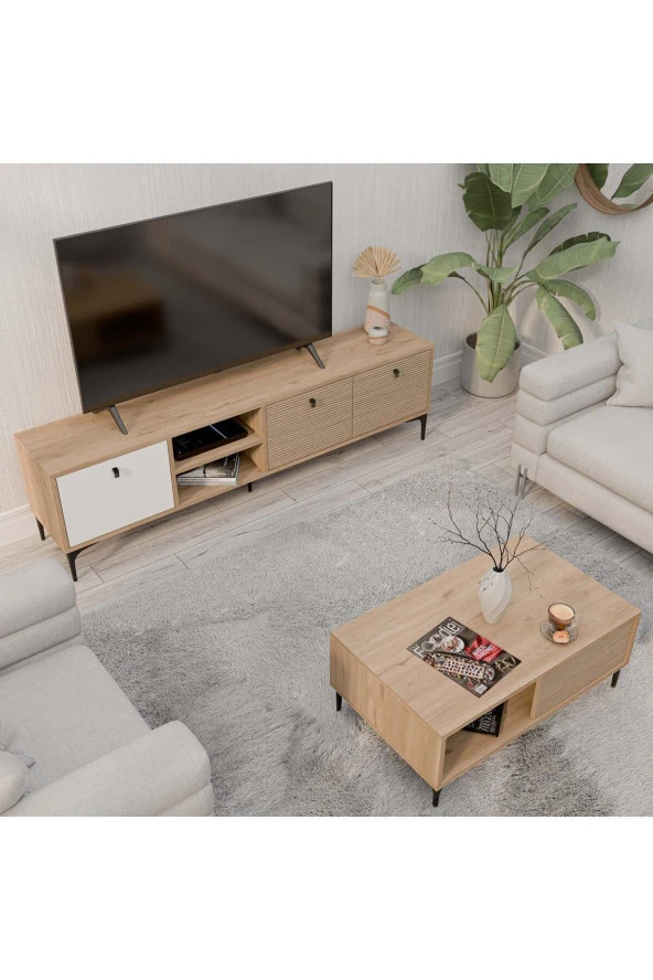 Mezza SET 1366-2092 VİSİON TV ÜNİTESİ - ORTA SEHPA SETİ SEPET - YUNUS - BEYAZ - 4