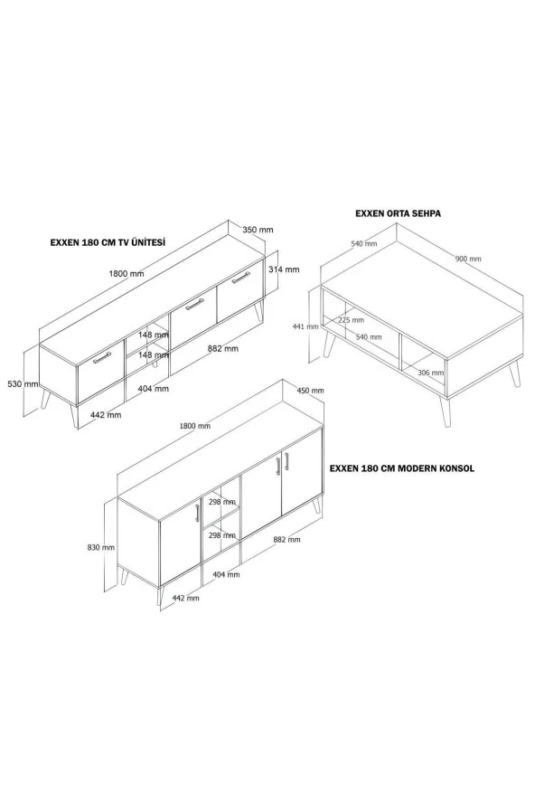 Mezza SET 1585-2074-1624 EXXEN (AHŞAP AYAKLI) TV ÜNİTESİ - ORTA SEHPA - KONSOL SETİ SEPET - BEYAZ - Resim 4