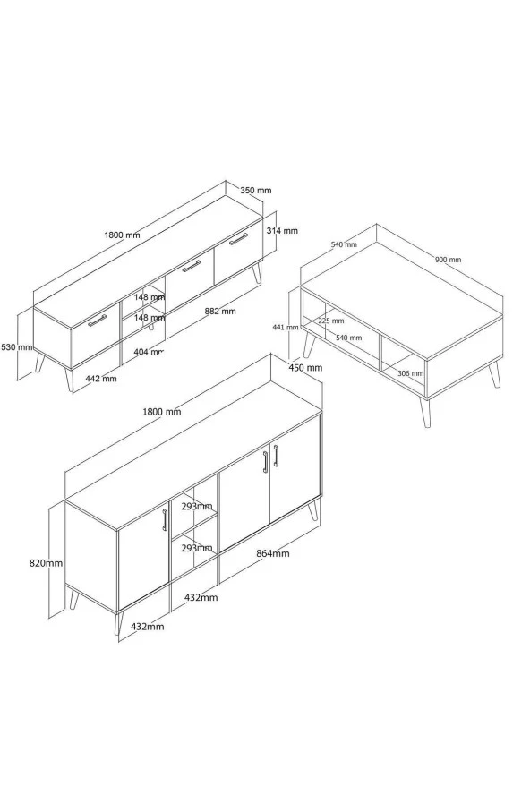 Mezza SET 1583-2072-1622 EXXEN (AHŞAP AYAKLI) TV ÜNİTESİ - ORTA SEHPA - KONSOL SETİ HAT RENGİ - Resim 4