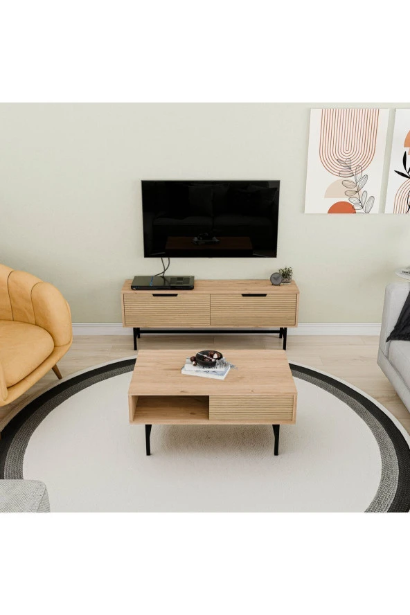 Mezza SET 4014-4214 BLANCO SİYAH METAL AYAKLI TV ÜNİTESİ - ORTA SEHPA TAKIMI SEPET YUNUS - 2