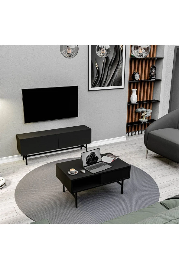 Mezza SET 4000-4200 FELIX SİYAH METAL AYAKLI TV ÜNİTESİ - ORTA SEHPA TAKIMI SİYAH - 4