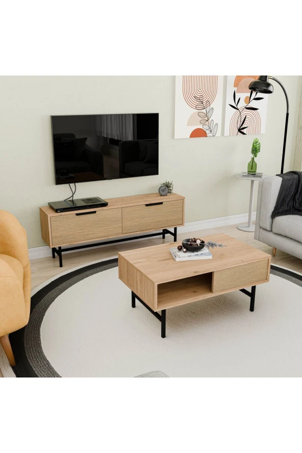 Mezza SET 4014-4214 BLANCO SİYAH METAL AYAKLI TV ÜNİTESİ - ORTA SEHPA TAKIMI SEPET YUNUS - 3
