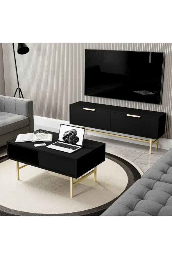 Mezza SET 4030-4220 NERO GOLD METAL AYAKLI TV ÜNİTESİ - STYLE ORTA SEHPA TAKIMI SİYAH