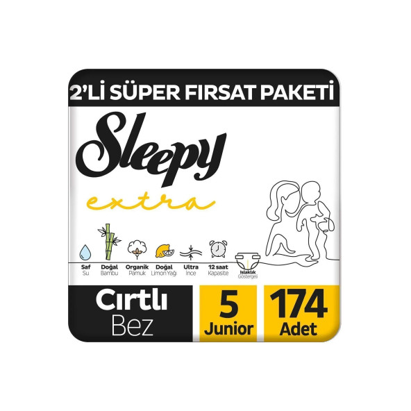 Sleepy Extra Günlük Aktivite 2'Li Süper Fırsat Paketi Bebek Bezi 5 Numara Junior 174 Adet