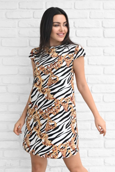 Kadın Desenli Kısa Kollu Elbise 5167-23 - 3