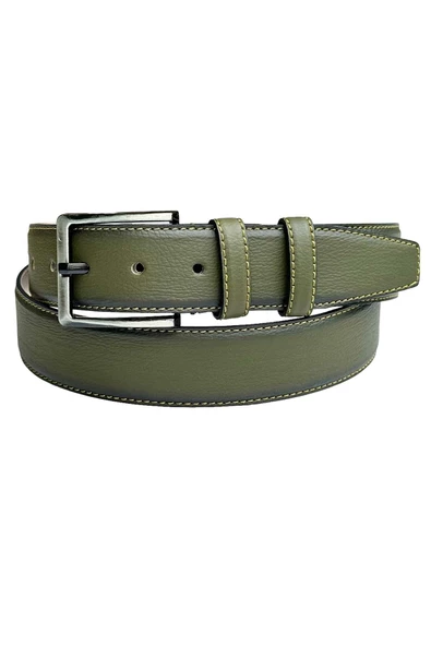 Haki Yeşil Suni Deri Dikişli 4 cm.lik Klasik Kemer - 7400-810 - Resim 2