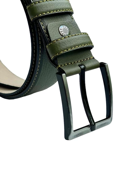 Haki Yeşil Suni Deri Dikişli 4 cm.lik Klasik Kemer - 7400-810 - Resim 6