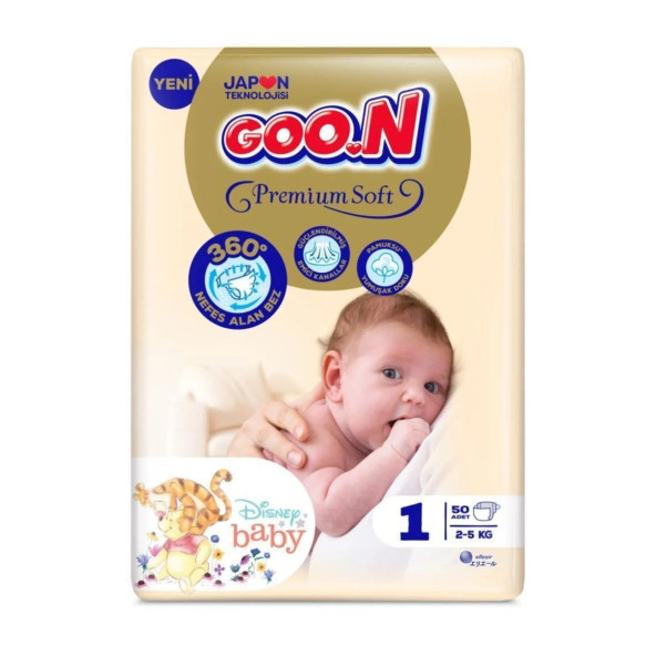 Goo.n Premium Soft 1 Numara Süper Yumuşak Yenidoğan Bant Bebek Bezi - 50 Adet