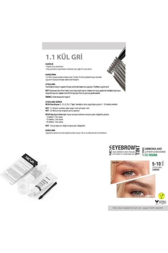 NEVA Eyebrow Tint Vegan Kaş Boyası Seti 1.1 Kül Gri - 2