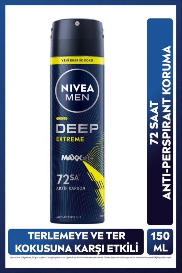 NIVEA Men Erkek Sprey Deodorant Deep Extreme 150ml, 72 Saat Anti-perspirant Ter Koruma, Yeni Enerjik