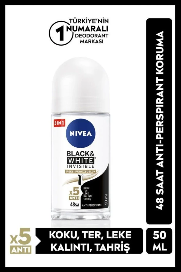 NIVEA Kadın Roll-on Black&White Invisible İpeksi Pürüzsüzlük 50ml, Ter Kokusuna Karşı 48 Saat Etkili ürün görseli 1