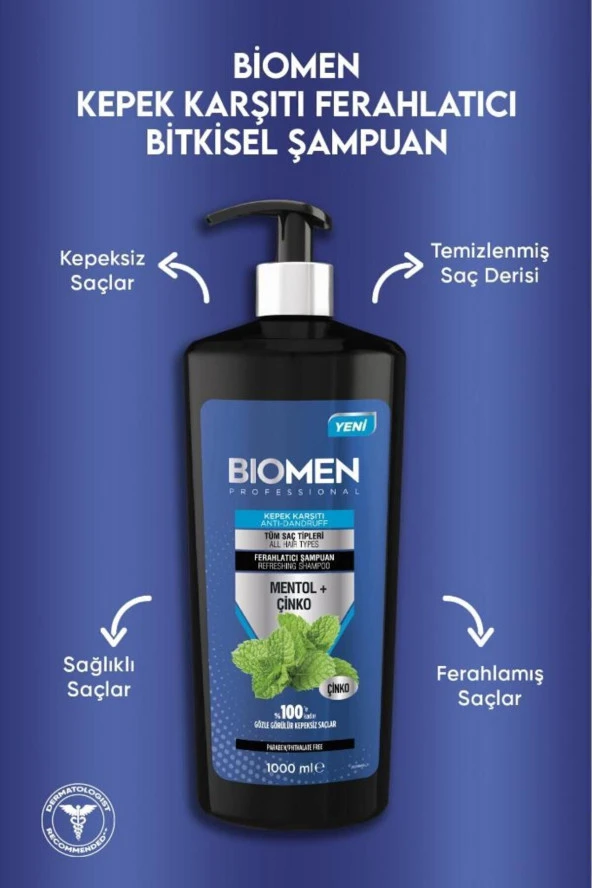 BİOMEN Professional Mentol&çinko Kepek Karşıtı Ferahlatıcı Şampuan 1000 ml - 3