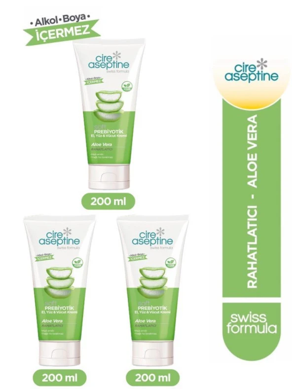 Cire Aseptine Soft Prebiyotik Aloe Vera El,Yüz ve Vücut Kremi 200 Ml 3 Adet