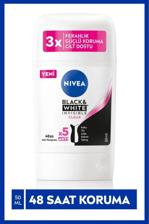 NIVEA Kadın Stick Deodorant Black&White Invisible Clear 50ml, Ter Kokusuna Karşı 48 Saat Koruma
