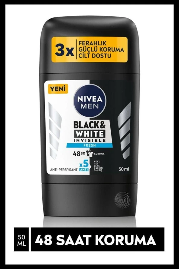 NIVEA Men Erkek Stick Deodorant Black&white Invisible Fresh ,48 Saat Anti-perspirant Koruma ,50ml
