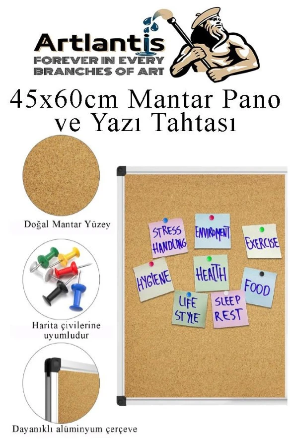 Çift Fonksiyonlu Yazı Tahtası ve Mantar Pano 45x60 cm 1 Adet Alüminyum Çerçeveli Mantar Panolu Yazı Tahtası - 3